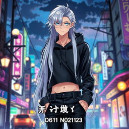 A captivating light novel cover featuring a tall male femboy with luxurious long glossy white hair cascading elegantly around his shoulders