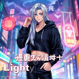 A captivating light novel cover featuring a tall male femboy with luxurious long glossy white hair cascading elegantly around his shoulders