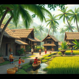A picturesque village scene depicting everyday life in a rural kampung, showcasing traditional wooden houses with thatched roofs