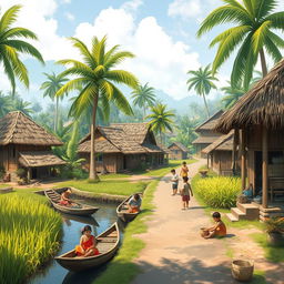 A picturesque village scene depicting everyday life in a rural kampung, showcasing traditional wooden houses with thatched roofs