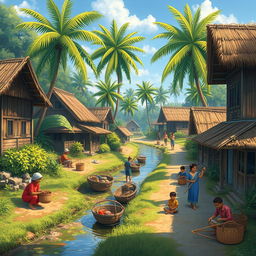 A picturesque village scene depicting everyday life in a rural kampung, showcasing traditional wooden houses with thatched roofs