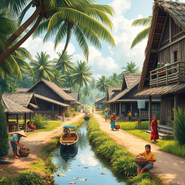 A picturesque village scene depicting everyday life in a rural kampung, showcasing traditional wooden houses with thatched roofs