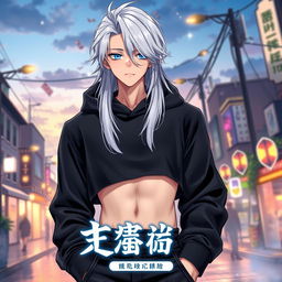 An enchanting light novel cover showcasing a tall male femboy with radiant long glossy white hair that cascades beautifully around his shoulders