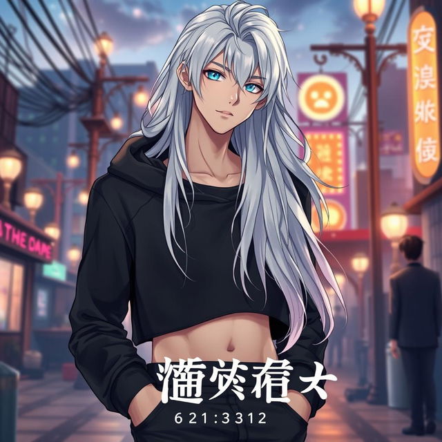 An enchanting light novel cover showcasing a tall male femboy with radiant long glossy white hair that cascades beautifully around his shoulders