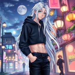 An enchanting light novel cover showcasing a tall male femboy with radiant long glossy white hair that cascades beautifully around his shoulders