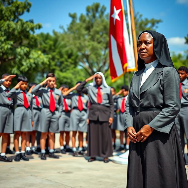 A scene with students in gray uniforms, black shoes, and red ties saluting the Cuban flag