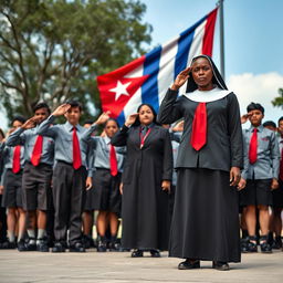 A scene with students in gray uniforms, black shoes, and red ties saluting the Cuban flag