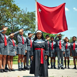 A scene with students in gray uniforms, black shoes, and red ties saluting the Cuban flag