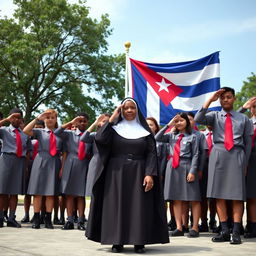 A scene with students in gray uniforms, black shoes, and red ties saluting the Cuban flag