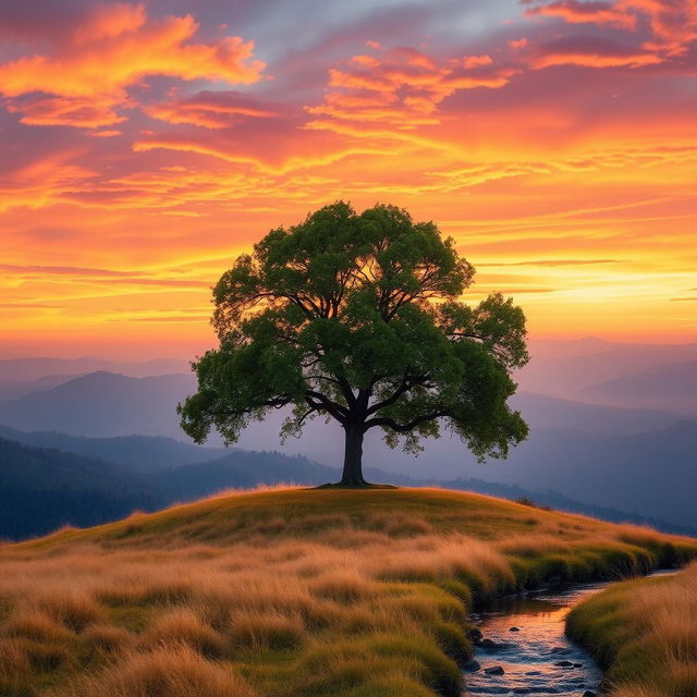 A serene landscape featuring a single majestic tree standing alone on a hilltop during sunset, with a vibrant sky filled with shades of orange, pink, and purple