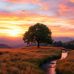 A serene landscape featuring a single majestic tree standing alone on a hilltop during sunset, with a vibrant sky filled with shades of orange, pink, and purple