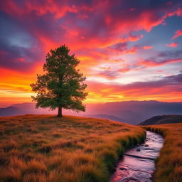 A serene landscape featuring a single majestic tree standing alone on a hilltop during sunset, with a vibrant sky filled with shades of orange, pink, and purple