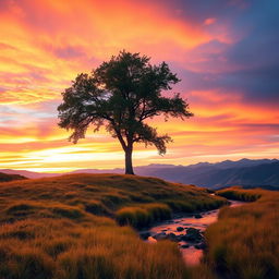 A serene landscape featuring a single majestic tree standing alone on a hilltop during sunset, with a vibrant sky filled with shades of orange, pink, and purple