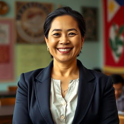 A professional portrait of Risa Hontiveros, a Filipino politician, depicted in a vibrant setting