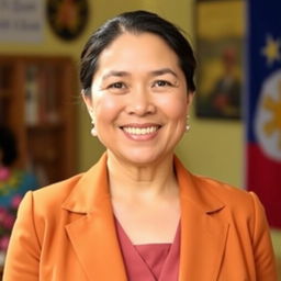 A professional portrait of Risa Hontiveros, a Filipino politician, depicted in a vibrant setting