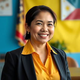 A professional portrait of Risa Hontiveros, a Filipino politician, depicted in a vibrant setting