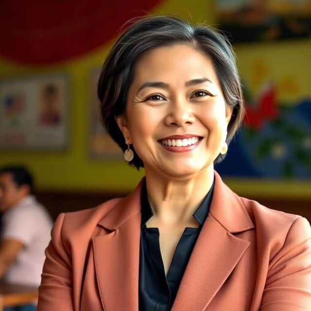 A professional portrait of Risa Hontiveros, a Filipino politician, depicted in a vibrant setting