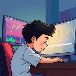 A cartoon-style illustration of a boy resembling a human, sitting at a computer desk, with his head bowed down in concentration