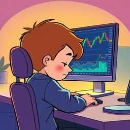 A cartoon-style illustration of a boy resembling a human, sitting at a computer desk, with his head bowed down in concentration