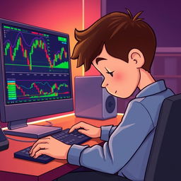 A cartoon-style illustration of a boy resembling a human, sitting at a computer desk, with his head bowed down in concentration