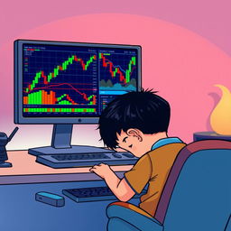 A cartoon-style illustration of a boy resembling a human, sitting at a computer desk, with his head bowed down in concentration