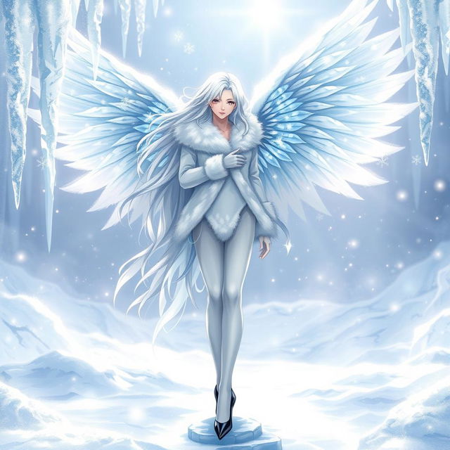 An enchanting light novel cover featuring a tall male femboy Winter fairy with ethereal crystal wings that sparkle like ice under the winter sun