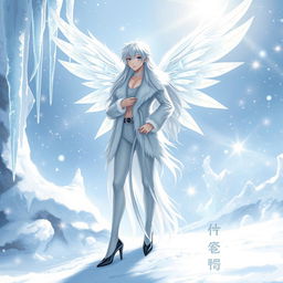 An enchanting light novel cover featuring a tall male femboy Winter fairy with ethereal crystal wings that sparkle like ice under the winter sun