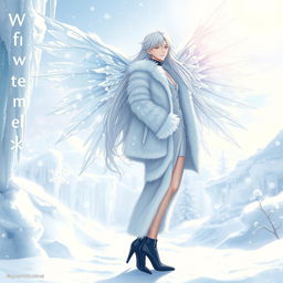An enchanting light novel cover featuring a tall male femboy Winter fairy with ethereal crystal wings that sparkle like ice under the winter sun
