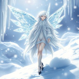 An enchanting light novel cover featuring a tall male femboy Winter fairy with ethereal crystal wings that sparkle like ice under the winter sun