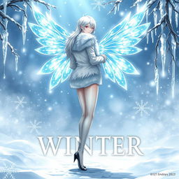 An exquisite light novel cover featuring a tall male femboy Winter fairy with dazzling crystal wings that shimmer with icy colors, reminiscent of a winter wonderland