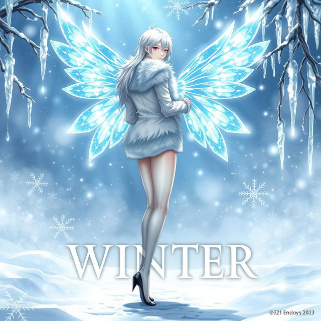 An exquisite light novel cover featuring a tall male femboy Winter fairy with dazzling crystal wings that shimmer with icy colors, reminiscent of a winter wonderland