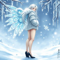 An exquisite light novel cover featuring a tall male femboy Winter fairy with dazzling crystal wings that shimmer with icy colors, reminiscent of a winter wonderland