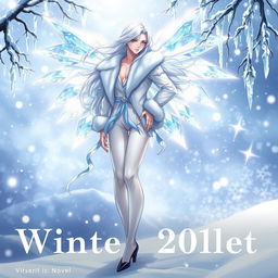 An exquisite light novel cover featuring a tall male femboy Winter fairy with dazzling crystal wings that shimmer with icy colors, reminiscent of a winter wonderland