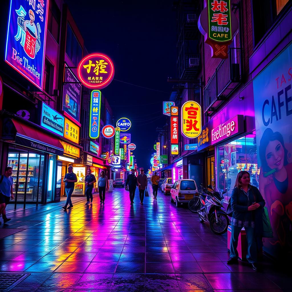 A vibrant, neon-lit urban street at night, featuring colorful neon signs and lights illuminating the scene