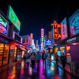 A vibrant, neon-lit urban street at night, featuring colorful neon signs and lights illuminating the scene
