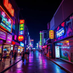 A vibrant, neon-lit urban street at night, featuring colorful neon signs and lights illuminating the scene