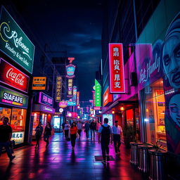 A vibrant, neon-lit urban street at night, featuring colorful neon signs and lights illuminating the scene