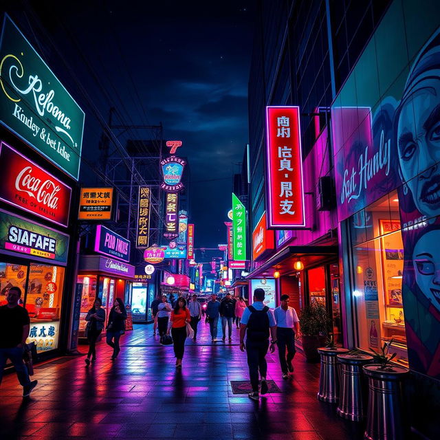 A vibrant, neon-lit urban street at night, featuring colorful neon signs and lights illuminating the scene