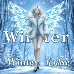 A captivating light novel cover featuring a tall male femboy Winter fairy adorned with elegant crystal wings that glimmer like frosted glass, reflecting shades of blue and silver