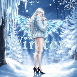 A captivating light novel cover featuring a tall male femboy Winter fairy adorned with elegant crystal wings that glimmer like frosted glass, reflecting shades of blue and silver