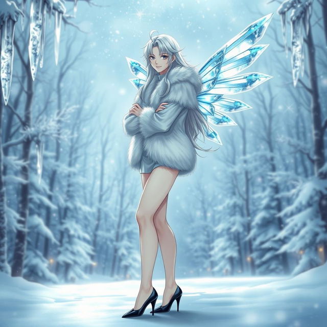 A captivating light novel cover featuring a tall male femboy Winter fairy adorned with elegant crystal wings that glimmer like frosted glass, reflecting shades of blue and silver