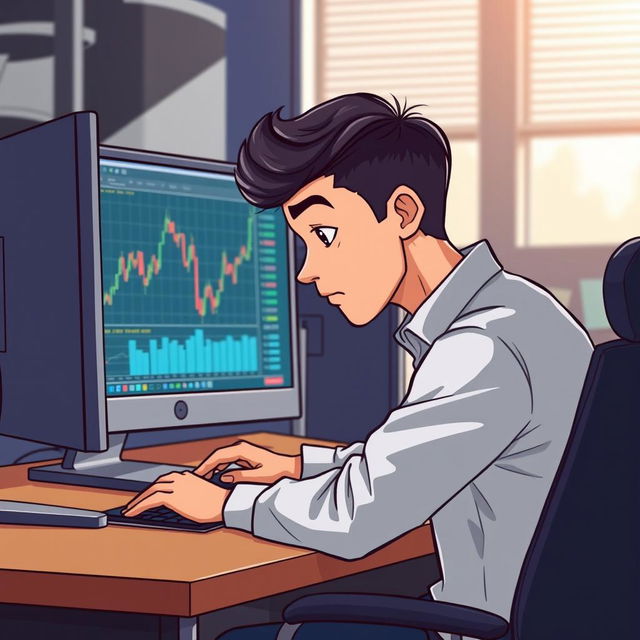 A cartoon-style image of a young man, resembling an animated character, sitting in front of a computer