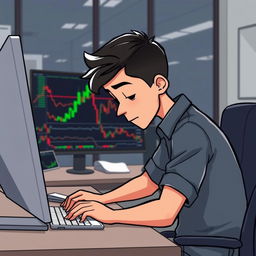 A cartoon-style image of a young man, resembling an animated character, sitting in front of a computer