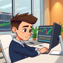 A cartoon-style image of a young man, resembling an animated character, sitting in front of a computer
