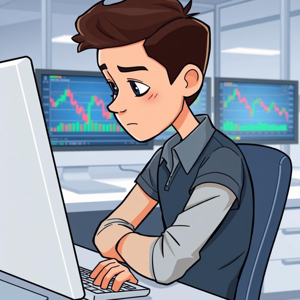 A cartoon-style image of a young man, resembling an animated character, sitting in front of a computer