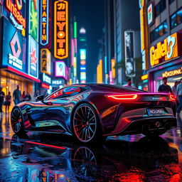 A sleek, futuristic car illuminated by vibrant neon lights, driving through a bustling urban street at night