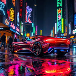 A sleek, futuristic car illuminated by vibrant neon lights, driving through a bustling urban street at night