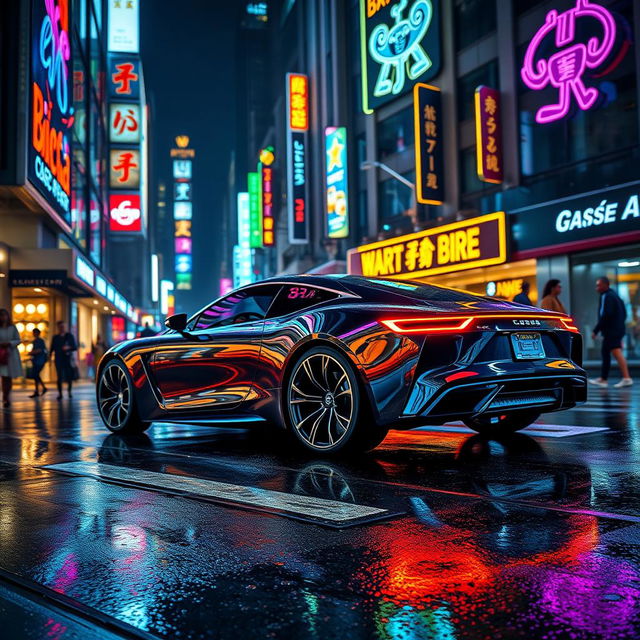 A sleek, futuristic car illuminated by vibrant neon lights, driving through a bustling urban street at night