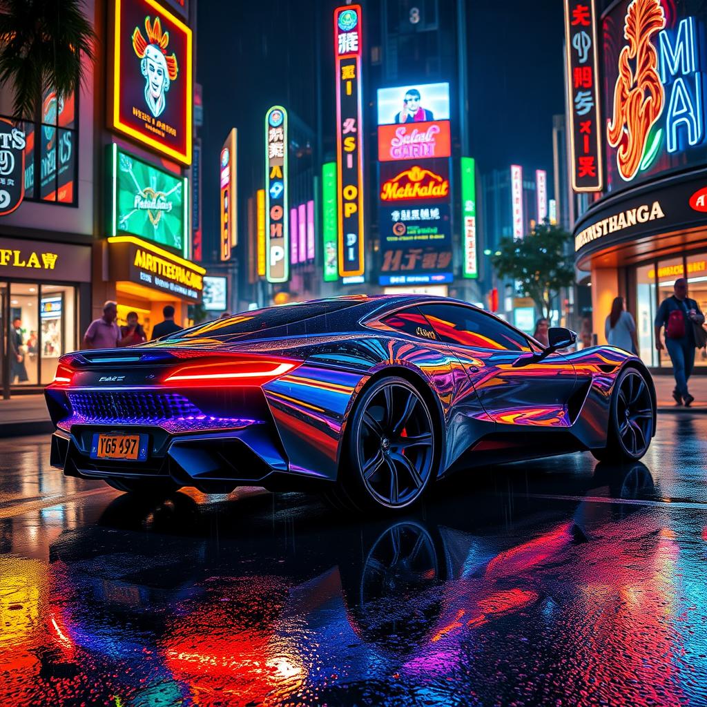 A sleek, futuristic car illuminated by vibrant neon lights, driving through a bustling urban street at night