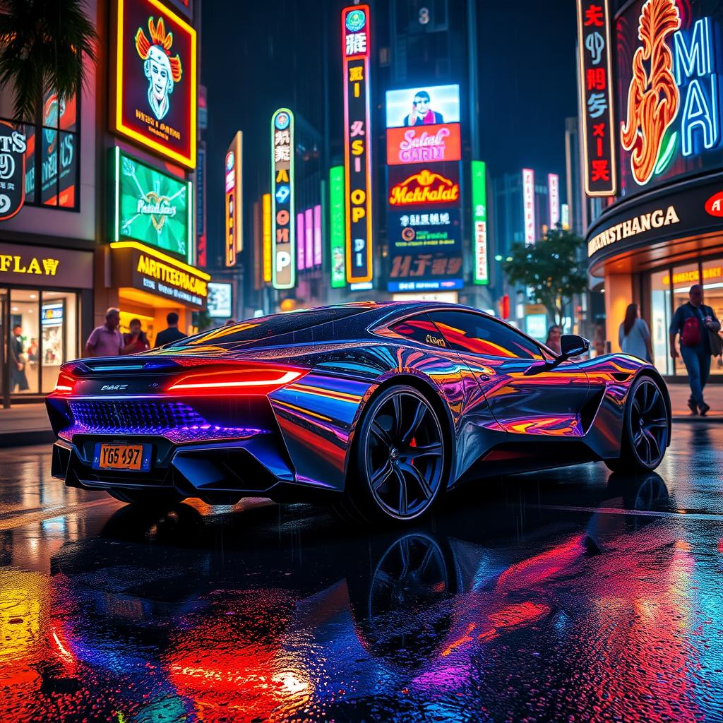 A sleek, futuristic car illuminated by vibrant neon lights, driving through a bustling urban street at night